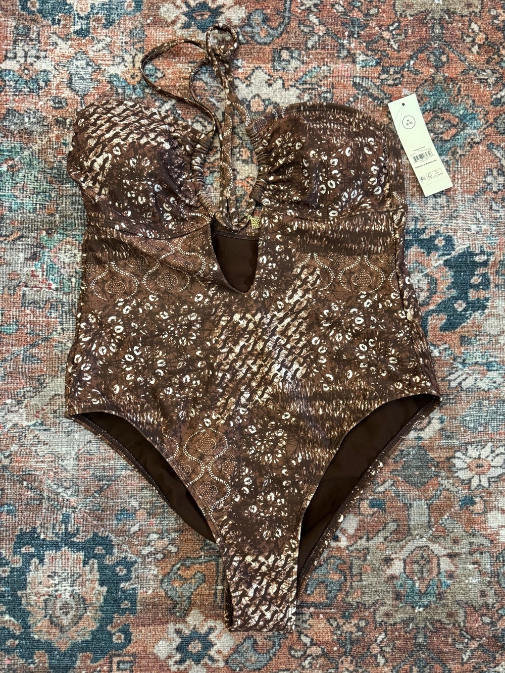 NWT Brown paisley bandana print One Piece halter Swimsuit size M